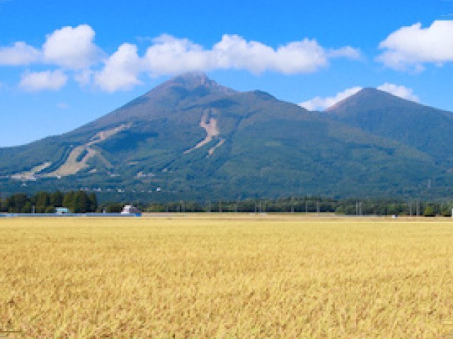 青空と磐梯山、黄金色に実った稲田
