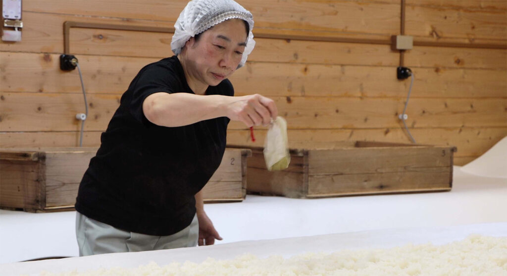 Toshiko Yamaguchi working on koji production. In her first year as Toji, she nearly collapsed under the weight of her responsibilities, but she overcame it with her natural vitality and the support of those around her. (Photo courtesy of Sasanokawa Brewery)