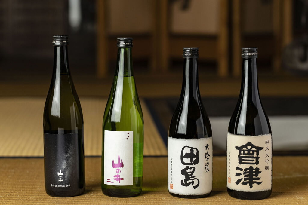 From left: 'Yama no I Black,' 'Yama no I 60,' 'Daiginjo Tajima,' and 'Junmai Daiginjo Aizu.' A clean and soft sake quality is the signature characteristic of Aizu Shuzo.