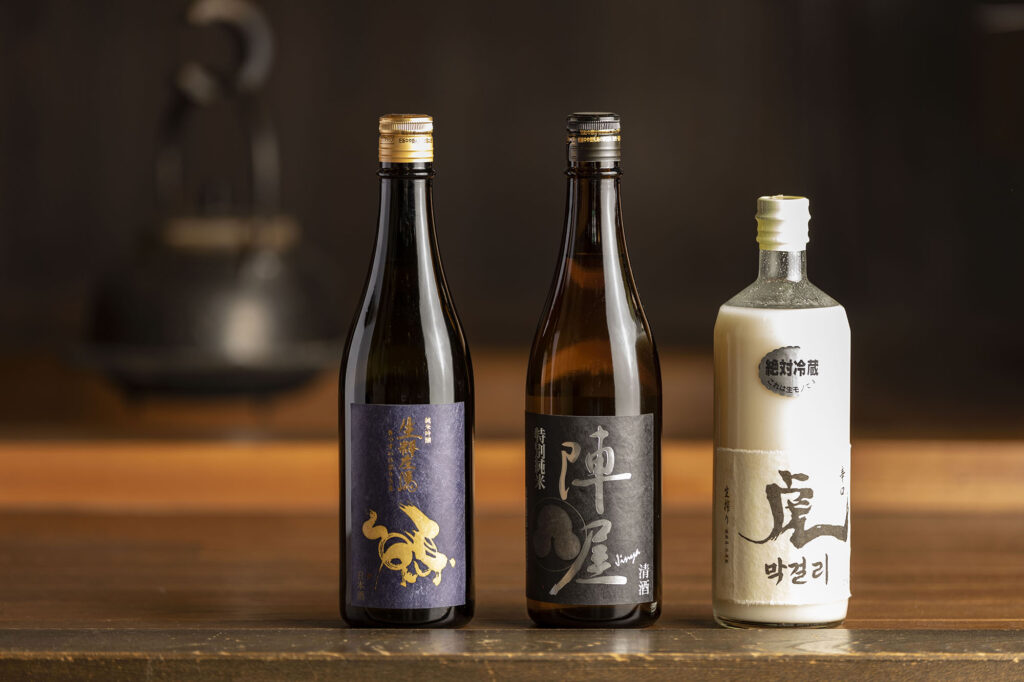 From left: 'Kissui Hidariuma Junmai Ginjo,' which attempts a new flavor through its use of rice and koji; 'Jinya Tokubetsu Junmai,' the most basic expression, with a crisp flavor perfect for pairing with food; and the popular 'Tora Makkori,' brewed only with rice and pressed raw without pasteurization.